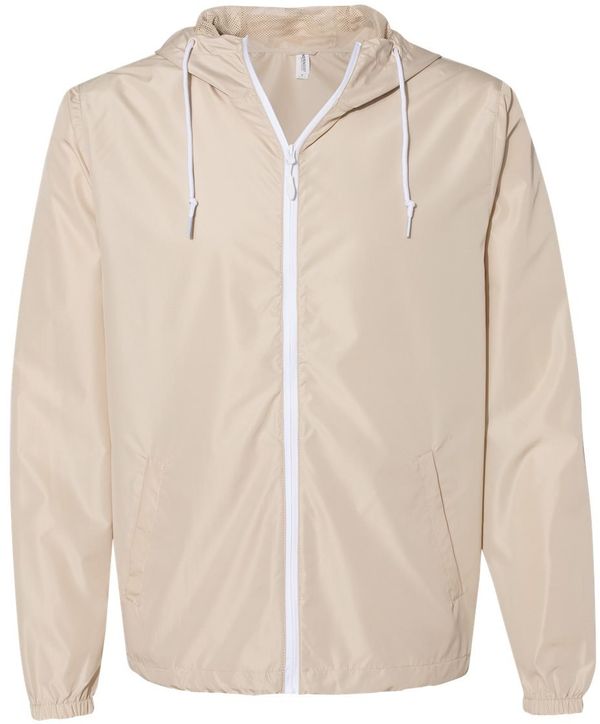 Am image of a Custom Independent Trading Co Lightweight Windbreaker Full Zip Jacket in Classic Khaki/ White Zipper!