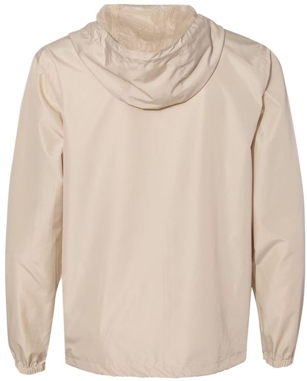 Am image of a Custom Independent Trading Co Lightweight Windbreaker Full Zip Jacket in Classic Khaki/ White Zipper!
