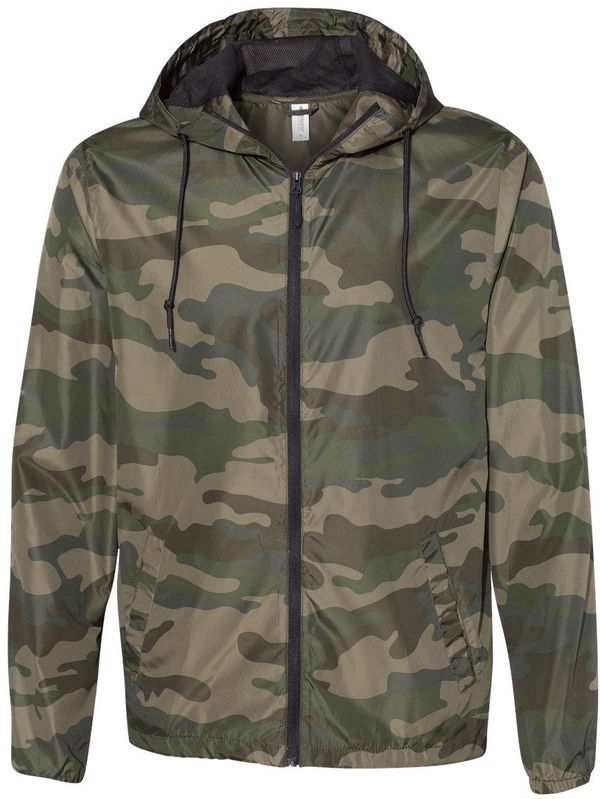 Am image of a Custom Independent Trading Co Lightweight Windbreaker Full Zip Jacket in Forest Camo!