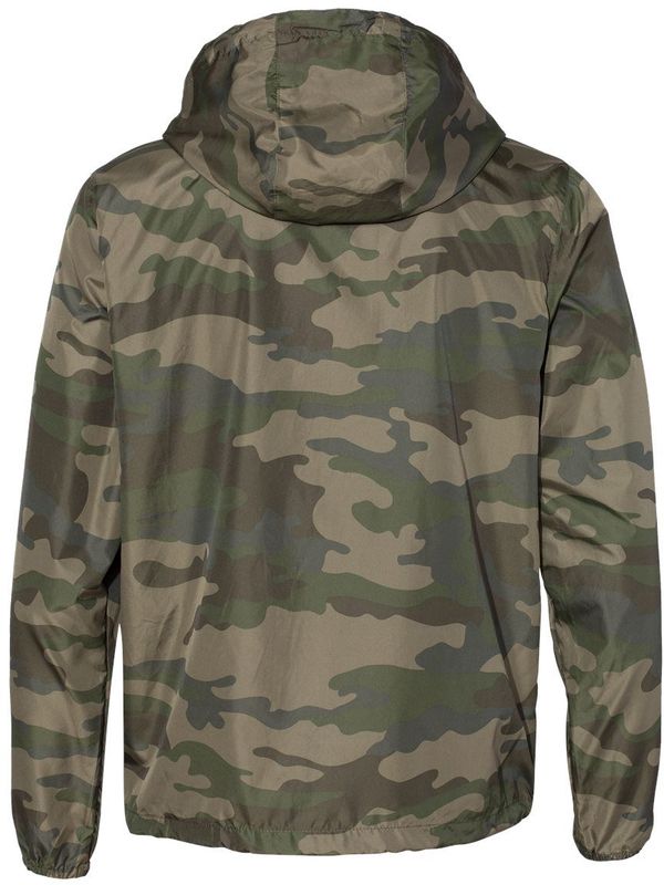 Am image of a Custom Independent Trading Co Lightweight Windbreaker Full Zip Jacket in Forest Camo!
