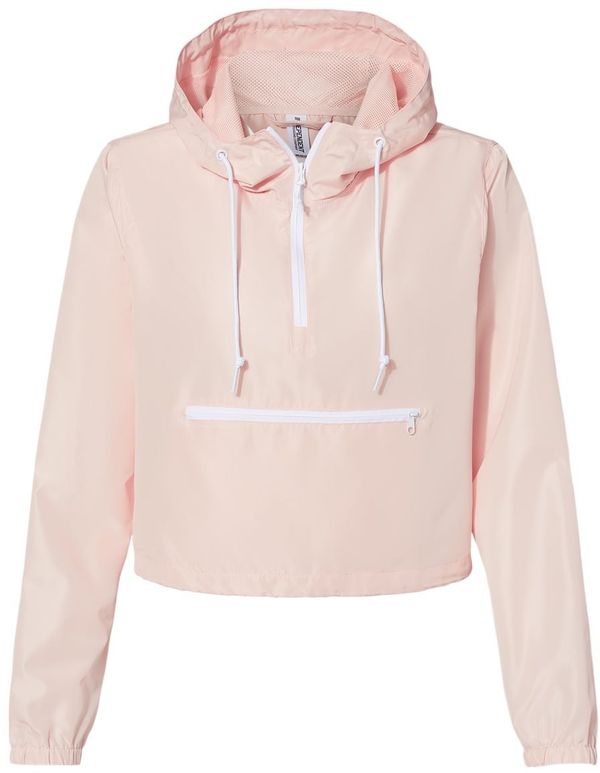 Am image of a Custom Independent Trading Co Womens Lightweight Pullover Crop Windbreaker in Blush/ White Zipper!