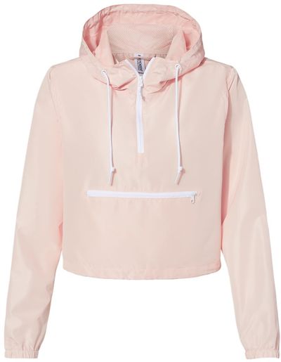 Am image of a Custom Independent Trading Co Womens Lightweight Pullover Crop Windbreaker in Blush/ White Zipper!