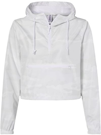 Am image of a Custom Independent Trading Co Womens Lightweight Pullover Crop Windbreaker in White Camo!