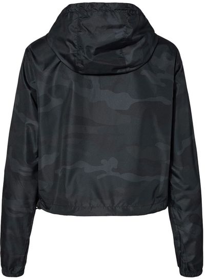 Am image of a Custom Independent Trading Co Womens Lightweight Pullover Crop Windbreaker in Black Camo!