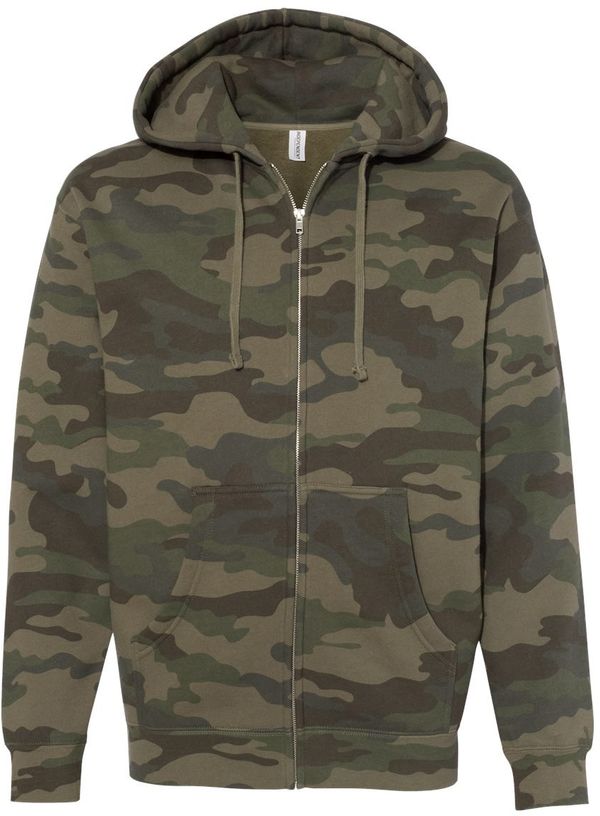 Am image of a Custom Independent Trading Co Heavyweight Full Zip Hooded Sweatshirt in Forest Camo!