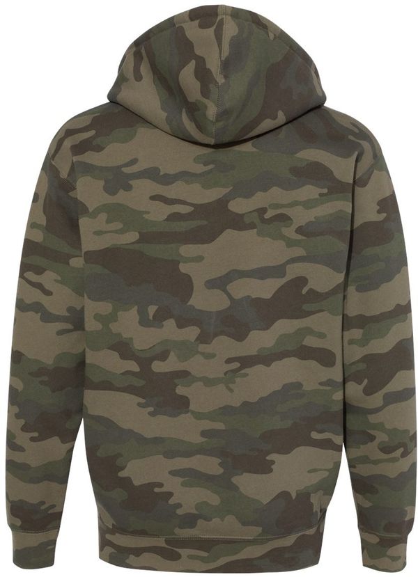 Am image of a Custom Independent Trading Co Heavyweight Full Zip Hooded Sweatshirt in Forest Camo!