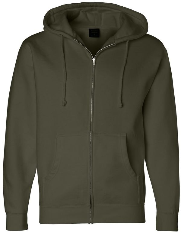 Am image of a Custom Independent Trading Co Heavyweight Full Zip Hooded Sweatshirt in Army!
