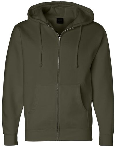 Am image of a Custom Independent Trading Co Heavyweight Full Zip Hooded Sweatshirt in Army!