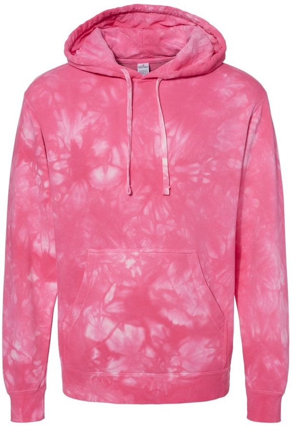 Am image of a Custom Midweight Tie Dyed Hooded Sweatshirt in Tie Dye Pink!