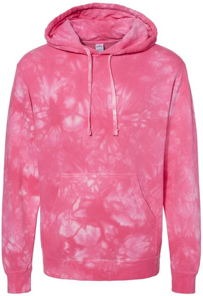 Am image of a Custom Midweight Tie Dyed Hooded Sweatshirt in Tie Dye Pink!