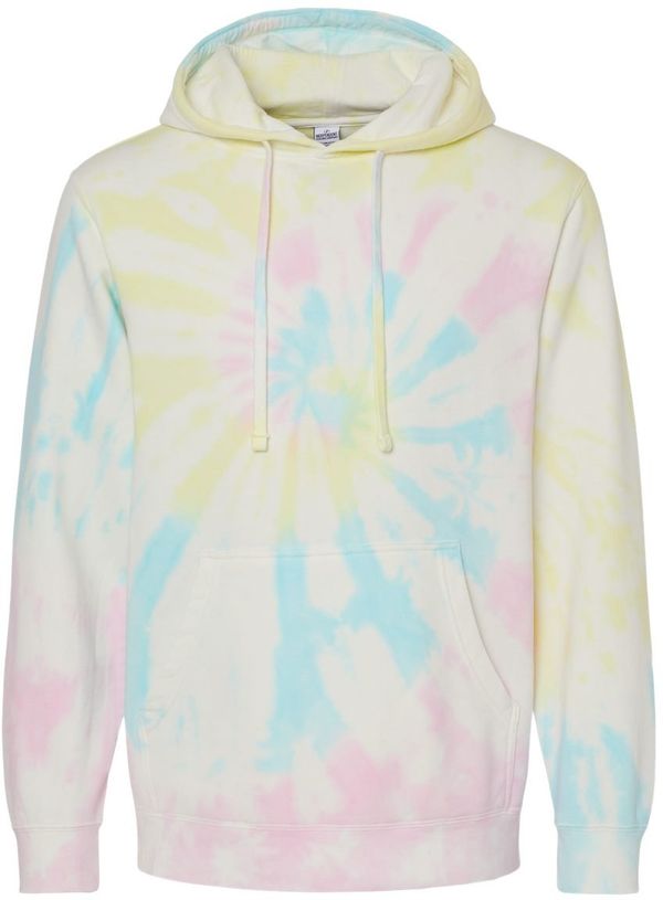 Am image of a Custom Midweight Tie Dyed Hooded Sweatshirt in Tie Dye Sunset Swirl!