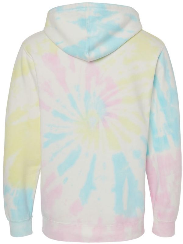 Am image of a Custom Midweight Tie Dyed Hooded Sweatshirt in Tie Dye Sunset Swirl!