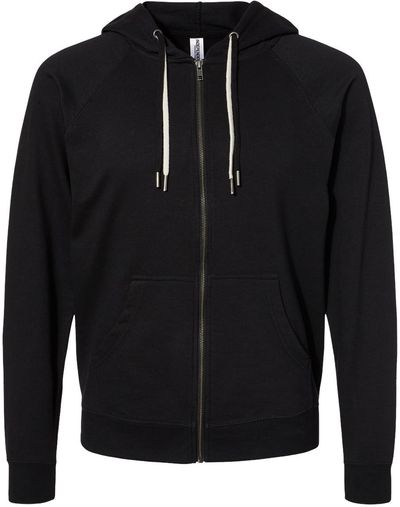 Am image of a Custom Independent Trading Co Icon Unisex Lightweight Loopback Terry Full Zip Hooded Sweatshirt in Black!