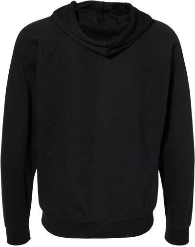 Am image of a Custom Independent Trading Co Icon Unisex Lightweight Loopback Terry Full Zip Hooded Sweatshirt in Black!