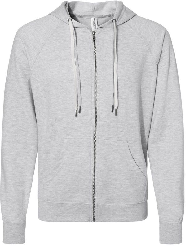 Am image of a Custom Independent Trading Co Icon Unisex Lightweight Loopback Terry Full Zip Hooded Sweatshirt in Athletic Heather!