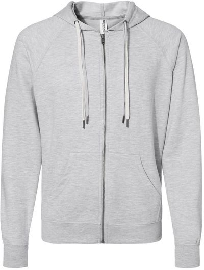 Am image of a Custom Independent Trading Co Icon Unisex Lightweight Loopback Terry Full Zip Hooded Sweatshirt in Athletic Heather!