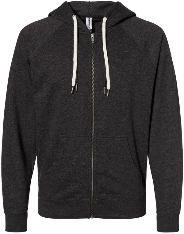 Am image of a Custom Independent Trading Co Icon Unisex Lightweight Loopback Terry Full Zip Hooded Sweatshirt in Charcoal Heather!