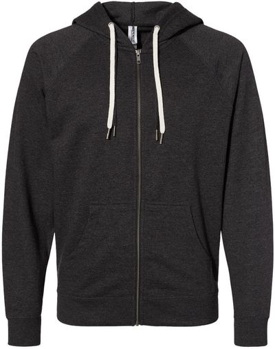 Am image of a Custom Independent Trading Co Icon Unisex Lightweight Loopback Terry Full Zip Hooded Sweatshirt in Charcoal Heather!