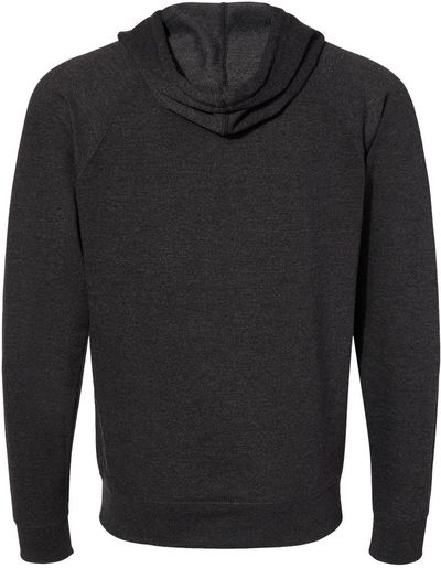 Am image of a Custom Independent Trading Co Icon Unisex Lightweight Loopback Terry Full Zip Hooded Sweatshirt in Charcoal Heather!