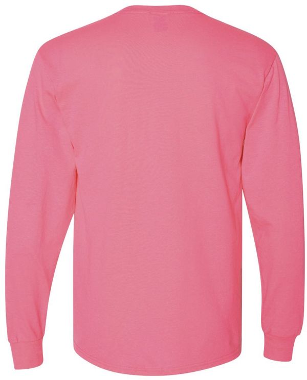 Am image of a Custom Jerzees DriPower Long Sleeve Fifty Fifty TShirt in Neon Pink!