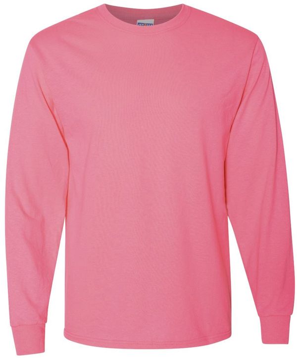 Am image of a Custom Jerzees DriPower Long Sleeve Fifty Fifty TShirt in Neon Pink!