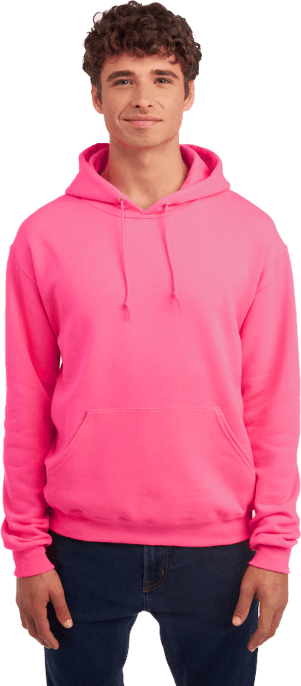Am image of a Custom JERZEES NuBlend Hooded Sweatshirt in Neon Pink!