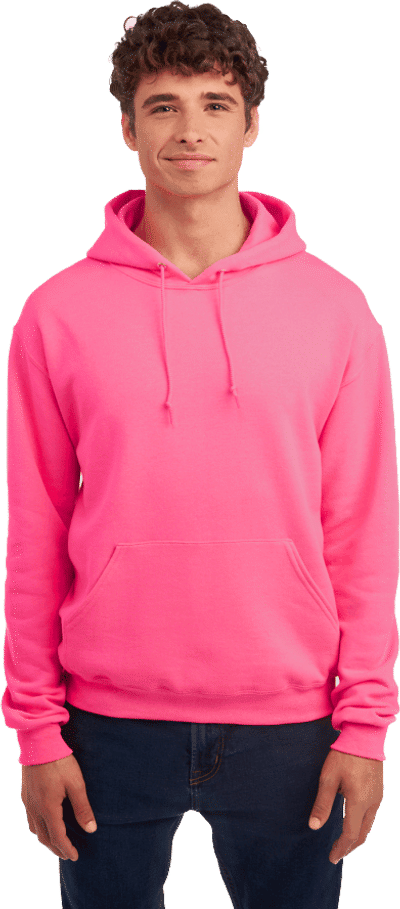 Am image of a Custom JERZEES NuBlend Hooded Sweatshirt in Neon Pink!