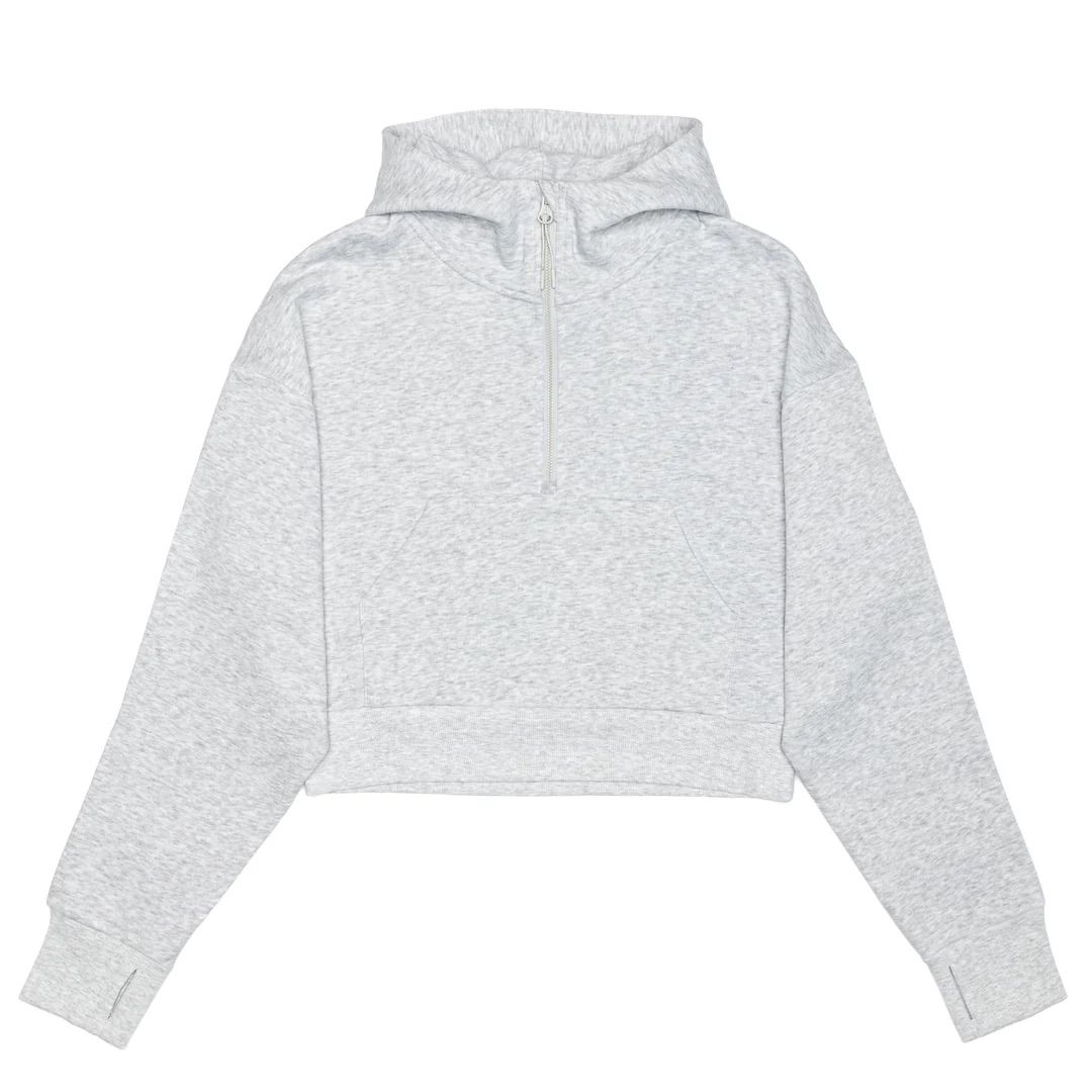 Just Like Hero Cropped Drop Shoulder Scuba Half Zip Hoodie in Ash Heather