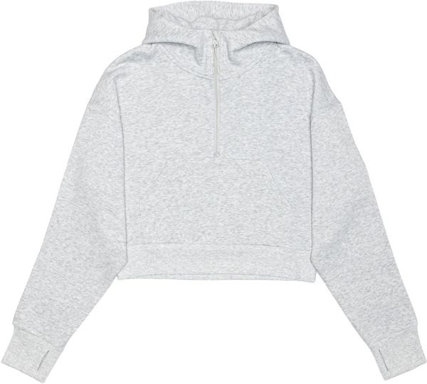 Am image of a Custom Just Like Hero Cropped Drop Shoulder Scuba Half Zip Hoodie in Ash Heather!