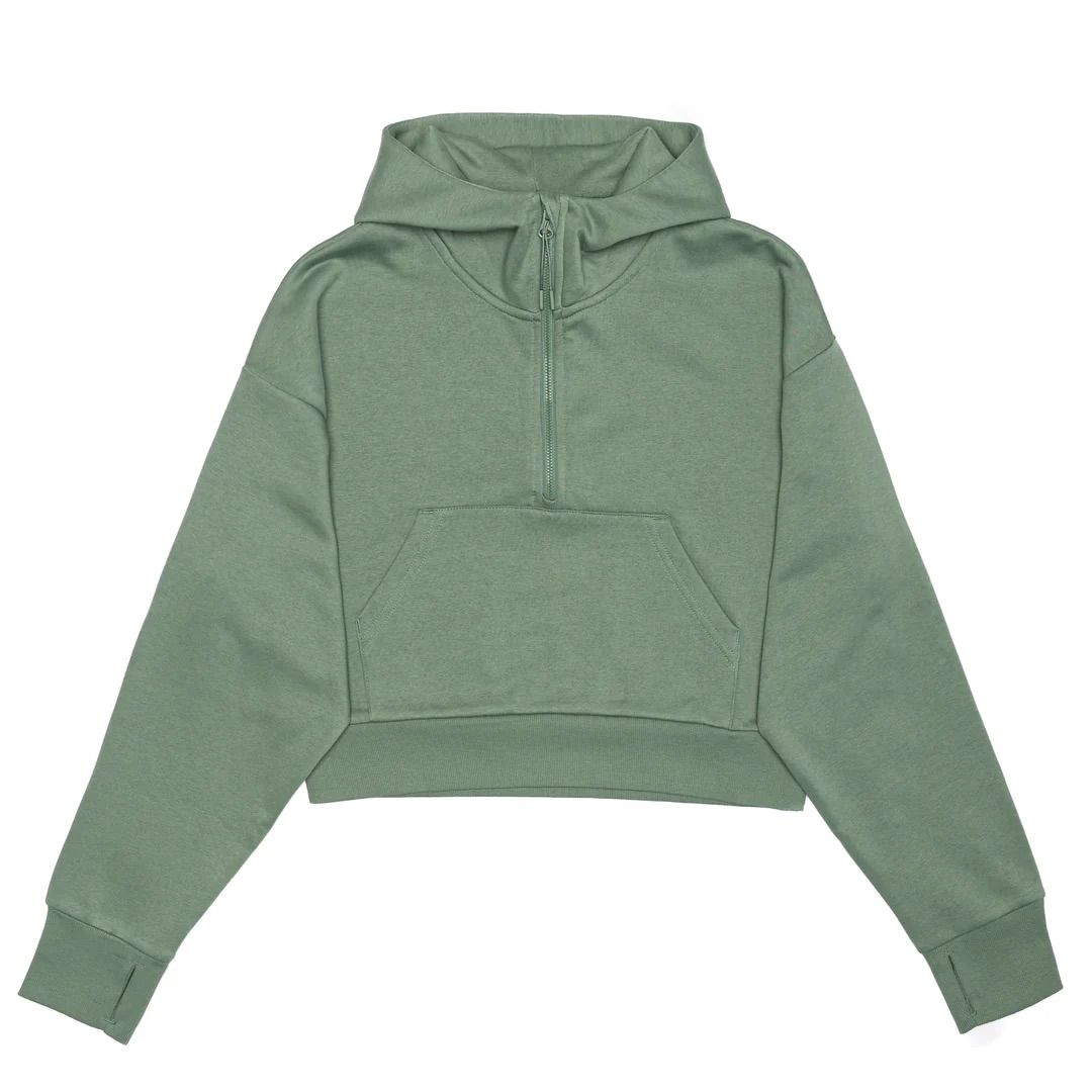 Just Like Hero Cropped Drop Shoulder Scuba Half Zip Hoodie in Dusty Green