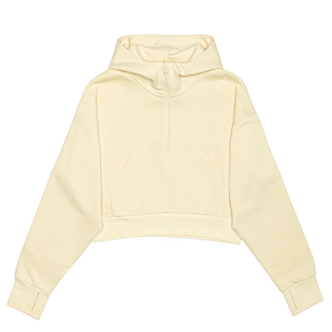 Just Like Hero Cropped Drop Shoulder Scuba Half Zip Hoodie in Ivory