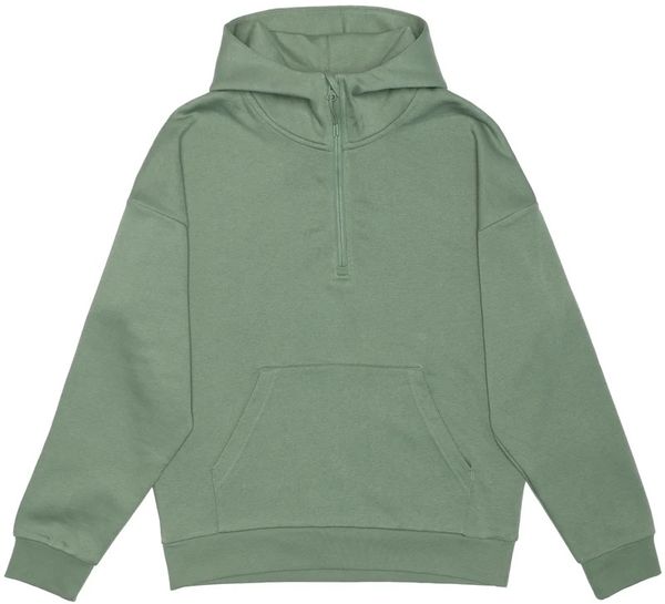 Am image of a Custom Just Like Hero Unisex Drop Shoulder Scuba Half Zip Hoodie in Dusty Green!