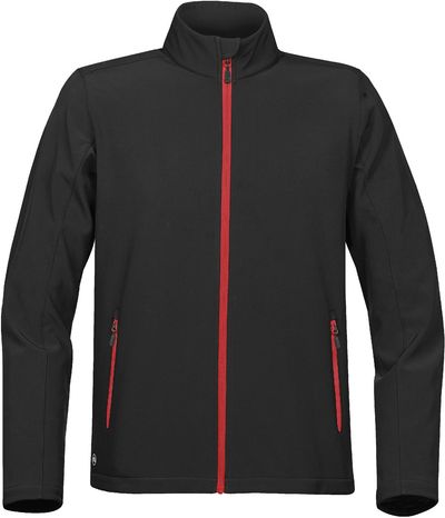 Am image of a Custom STORMTECH MENS ORBITER SOFTSHELL in BLACK / BRIGHT RED!