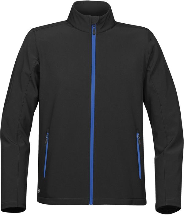 Am image of a Custom STORMTECH MENS ORBITER SOFTSHELL in BLACK / AZURE BLUE!