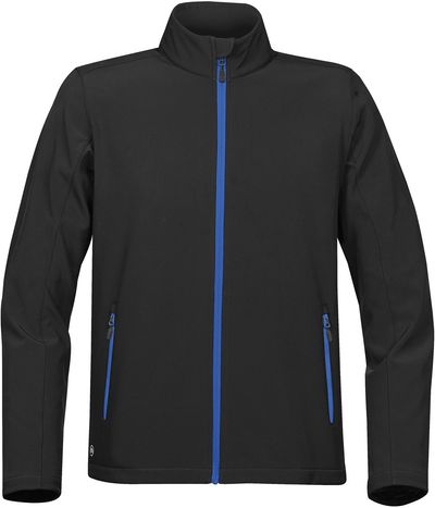 Am image of a Custom STORMTECH MENS ORBITER SOFTSHELL in BLACK / AZURE BLUE!