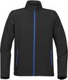 Am image of a Custom STORMTECH MENS ORBITER SOFTSHELL in BLACK / AZURE BLUE!