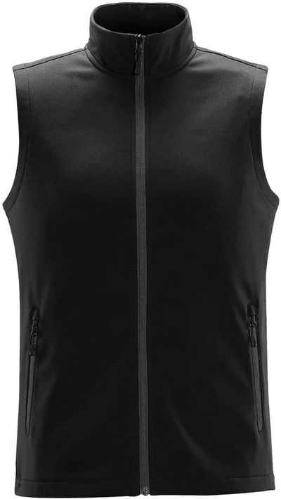 Am image of a Custom Stormtech Men's Orbiter Softshell Vest in Black/Dolphin!