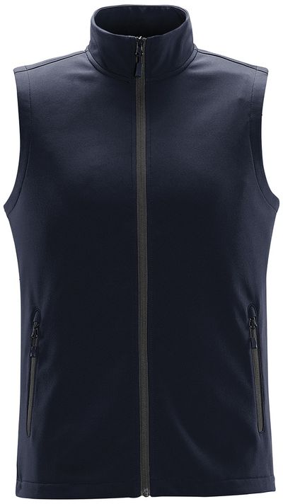 Am image of a Custom Stormtech Men's Orbiter Softshell Vest in Navy/Carbon!