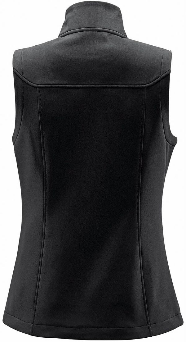 Am image of a Custom Stormtech Women's Orbiter Softshell Vest in Black/Dolphin!