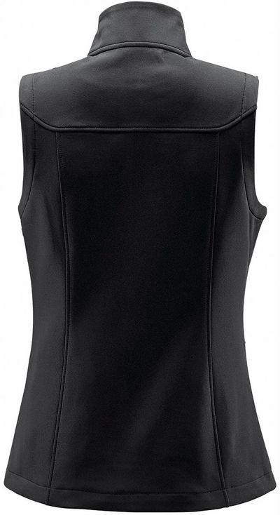 Am image of a Custom Stormtech Women's Orbiter Softshell Vest in Black/Dolphin!