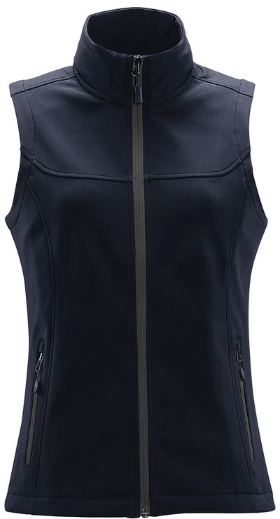 Am image of a Custom Stormtech Women's Orbiter Softshell Vest in Navy/Carbon!