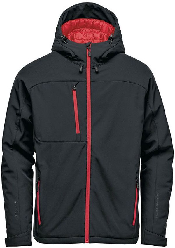 Am image of a Custom Stormtech Mens Orbiter Insulated Softshell Jacket in Black/Red!
