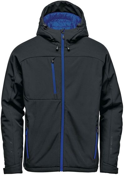 Am image of a Custom Stormtech Mens Orbiter Insulated Softshell Jacket in Black/Azure Blue!
