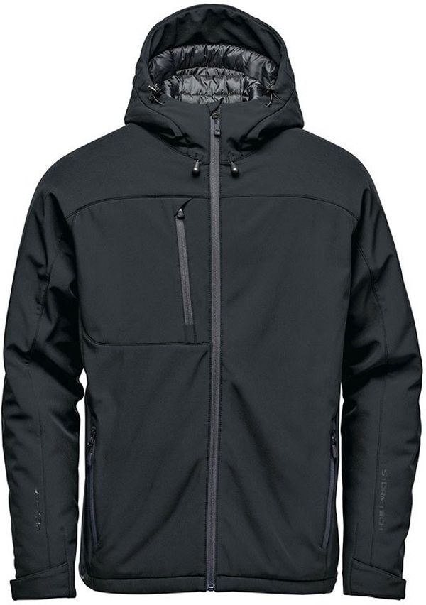 Am image of a Custom Stormtech Mens Orbiter Insulated Softshell Jacket in Black/Granite!