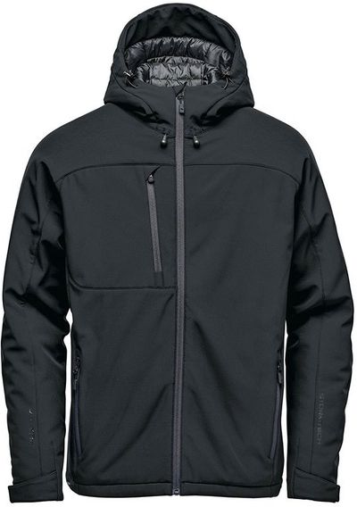 Am image of a Custom Stormtech Mens Orbiter Insulated Softshell Jacket in Black/Granite!