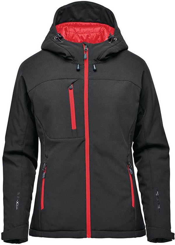 Am image of a Custom Stormtech Womens Orbiter Insulated Softshell Jacket in Black/Red!