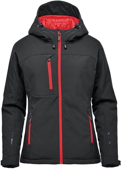 Am image of a Custom Stormtech Womens Orbiter Insulated Softshell Jacket in Black/Red!