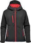 Am image of a Custom Stormtech Womens Orbiter Insulated Softshell Jacket in Black/Red!