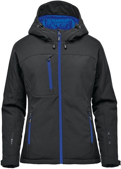Am image of a Custom Stormtech Womens Orbiter Insulated Softshell Jacket in Black/Azure Blue!