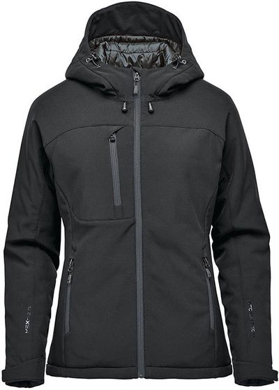 Am image of a Custom Stormtech Womens Orbiter Insulated Softshell Jacket in Black/Granite!